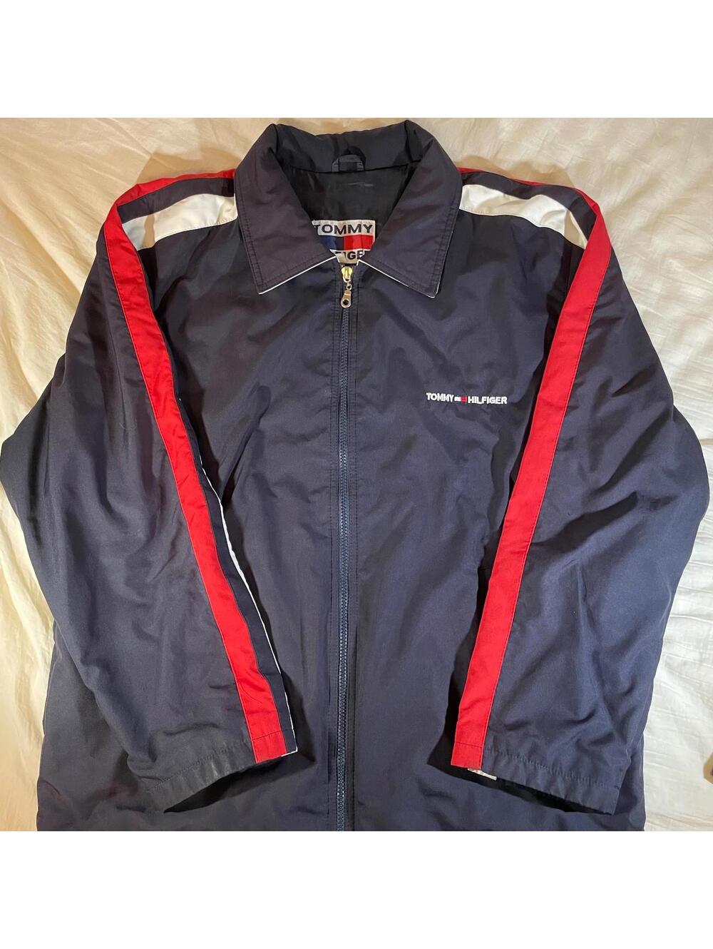 Vintage Tommy Hilfiger Red and white Striped Navy Mens Jacket Windbreaker Size L